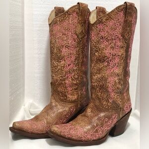 Corral Brown and Pink Embroidered Heeled Boots